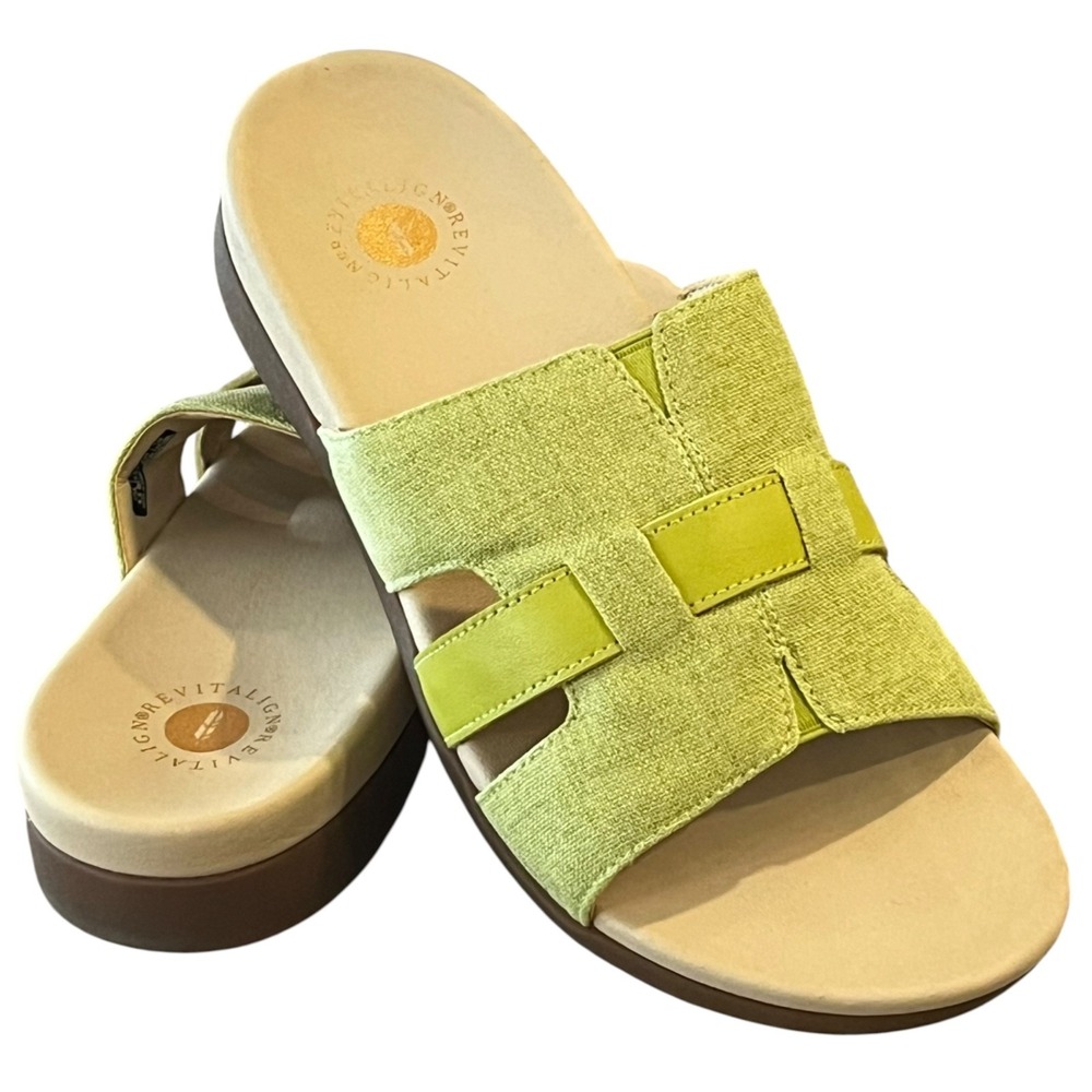 Revitalign‎ Lisbon Orthotic Linen and Leather Slide Sandals Womens 9.5 Green